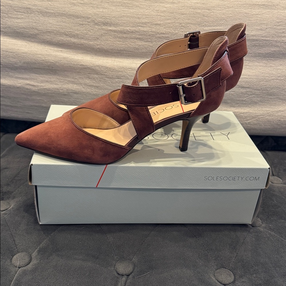 Sole SocietyTamra Dark Burgundy Suede Heels with Buckle.